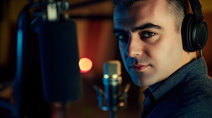 Radio presenter hosting live show in equipped studio, operating audio console with microphone and headphones for audience engagement