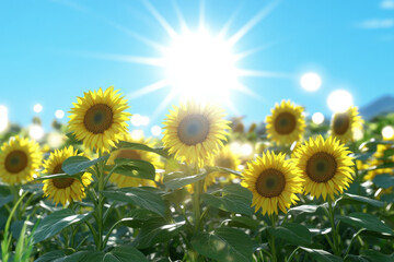 Obraz premium Bright sunflowers basking in sunlight under clear blue sky, creating vibrant and cheerful atmosphere. sun rays illuminate field, enhancing beauty of nature