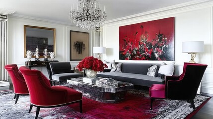 A living room featuring a bold, abstract painting as a statement piece.
