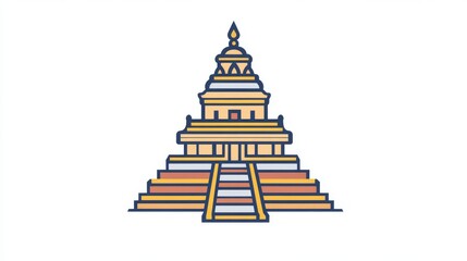 87.A refined and modern vector illustration of a Hindu temple icon, using smooth, clean lines to depict the temple structure. The design includes elements like the temple tower, steps, and intricate