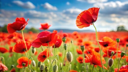 Naklejka premium Field of red poppies swaying in the breeze , nature, flowers, poppy, bright, vibrant, field, red, petal, bloom, summer