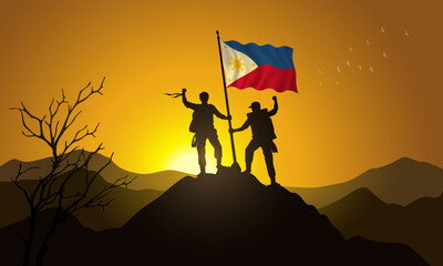 Philippines flag, silhouette of two climbers holding a flag at sunset over the mountain