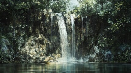 Lush jungle waterfall cascades into tranquil pool