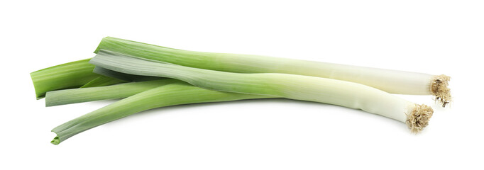 Fresh raw green leeks isolated on white
