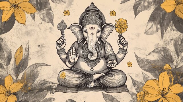 96.A retro-inspired line art vector of Lord Ganesh, celebrating the Ganesh Chaturthi festival. The illustration shows Lord Ganesh seated in a traditional pose, with a halo of yellow flowers around