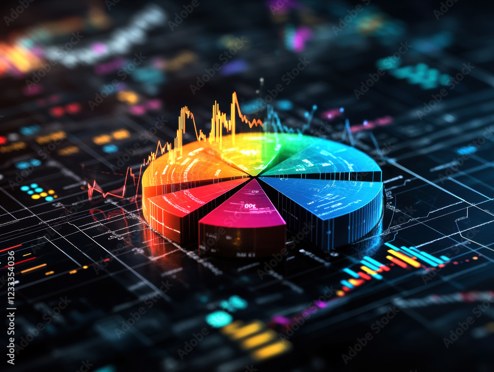 Poster a striking, colorful pie chart is set against a dark background filled with complex data analytics, 