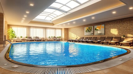 A luxury indoor pool area with skylights allowing sunlight to reflect on water.