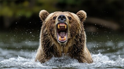 Obraz premium Brown bear roaring in river, wildlife nature image