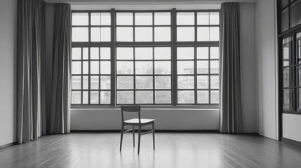 Obraz premium A solitary chair in an empty room with large windows, soft light filtering through curtains