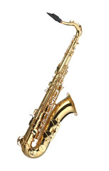 Jazz. One beautiful saxophone isolated on white