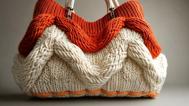 Hand Knitted Cable Knit Bag: Orange and Cream