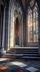 Fototapeta premium Sunlit cathedral steps and stained glass