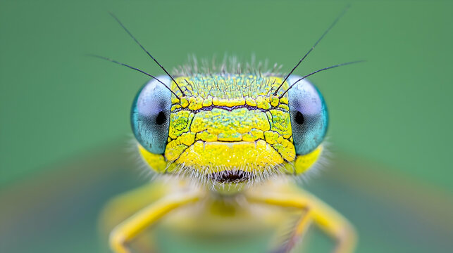 Extreme macro portrait of a blue-eyed damselfly resting outdoors in natural green bokeh light.