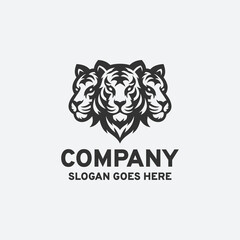 Three brave tiger head logo design vector illustration in black and white style on a white background