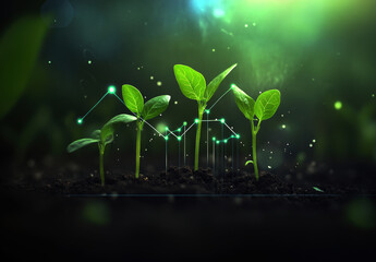 A captivating blend of nature and technology, showcasing young plants sprouting from rich soil, accompanied by a digital overlay representing growth metrics and environmental data.