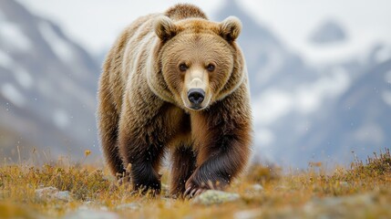 Obraz premium Brown bear walking in mountain meadow with snowy peaks