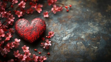A Rustic, Romantic Image Featuring A Red Heart Nestled Amongst Delicate Pink Blossoms. Perfect For Valentine'S Day Or Expressing Love.