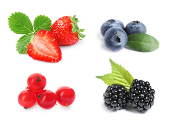Blueberries, blackberries, strawberries and redcurrant berries isolated on white