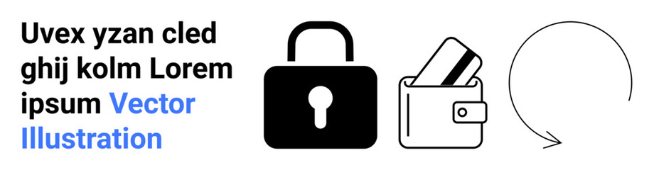 Lock icon, wallet with cards, and circular arrow conveying digital security, online payments, and process rotation. Ideal for cybersecurity, finance, e-commerce, data protection fintech transaction