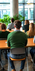 Obraz premium A diverse group of individuals attentively listening during a workshop in a stylish, contemporary setting, highlighting collaboration and learning in a professional environment.