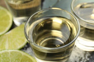 Mexican tequila shots and slices of lime on table, closeup