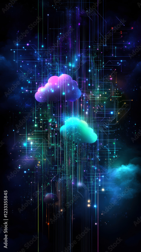 Poster this mesmerizing digital artwork depicts clouds intertwined with vibrant data streams and cosmic ele