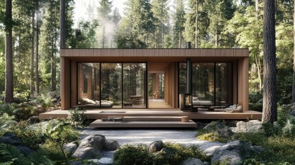 A modern glass house surrounded by nature, designed for ultimate daylight exposure.