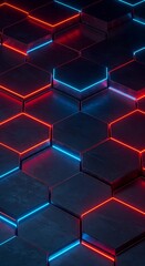 Red and Blue Glowing Hexagons – Futuristic 3D Tech Grid Wallpaper