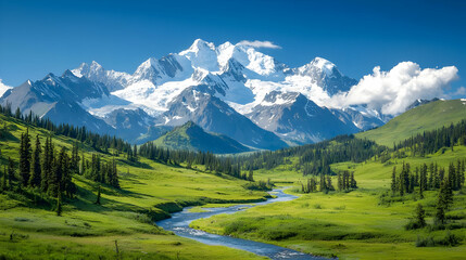 Obraz premium Majestic snow-capped mountains, river valley, green meadows, sunny day, travel poster