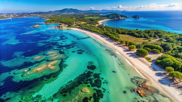 Aerial view of Giens beach with crystal clear waters and sandy shores, Giens, beach, aerial view, Porquerolles Island