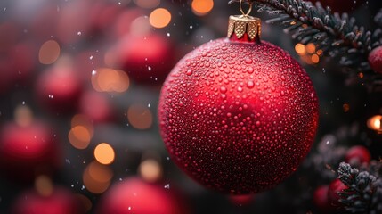 Fototapeta premium A close-up of a red Christmas ornament adorned with droplets, surrounded by festive lights.