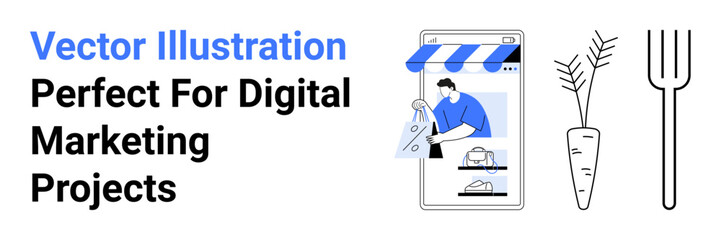 Chef presenting fresh food items through a mobile e-commerce platform. Nearby carrot and fork represent cooking, sustainability, and organic eating. Ideal for online shopping, healthy lifestyle, food