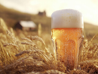 refreshing glass of light blonde beer sits amidst golden wheat fields, capturing essence of sunny day. bubbles rise, creating delightful atmosphere of relaxation and enjoyment