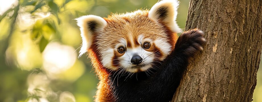 Cute red panda climbing a tree outdoors. - Powered by Adobe