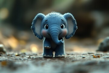 A cute, cartoon-style elephant stands in a soft, blurred environment.