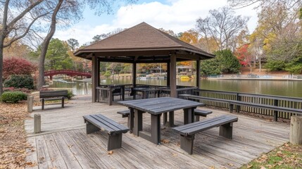 Obraz premium Serene Autumn Gazebo by the Lake: A Peaceful Park Scene