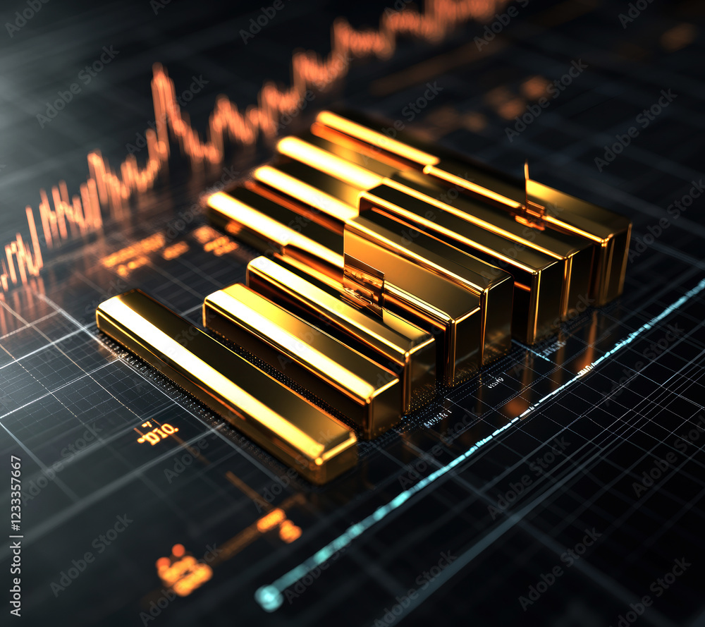 Poster this image showcases gleaming gold bars arranged in a graph-like structure, symbolizing financial gr