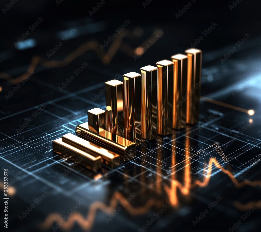 Poster this captivating image showcases golden bar charts on a digital background, symbolizing financial gr