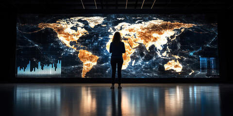 A person stands before a massive digital map highlighting global connectivity, showcasing intricate data visualizations of earth’s geographical features, symbolizing technology’s impact on our world.