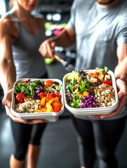 Two individuals hold colorful, nutritious meal containers filled with fresh salads, grains, and vegetables, showcasing a commitment to healthy eating and fitness in a vibrant gym environment.
