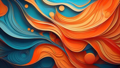 Vibrant Orange and Blue Abstract Swirls, Merging Colors in a Captivating Artistic Exploration of...