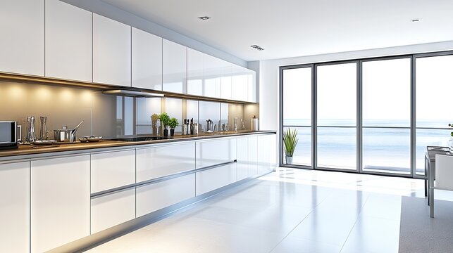 A stylish kitchen with handleless cabinets, a glossy backsplash, and metallic fixtures.