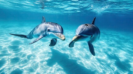 Obraz premium Two dolphins swimming in clear blue water.