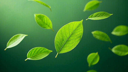 Fototapeta premium pieces of fresh green leaves flying around. with a green background
