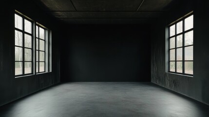 Empty modern room with dark walls and large windows, showcasing natural light and minimalism