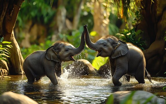 Two elephants playfully splash in water.