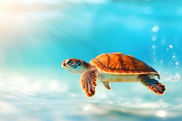 vibrant sea turtle gliding gracefully through clear blue waters, showcasing its intricate shell patterns and lively colors. This captures beauty of marine life and importance of ocean conservation