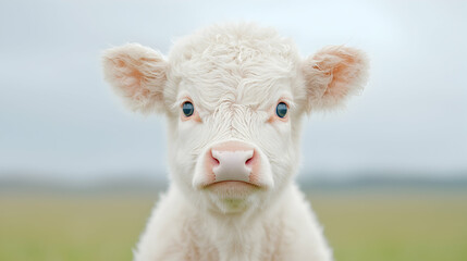 Cute white calf portrait, farm field background, livestock, animal imagery