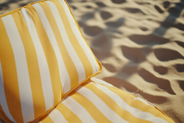 close up of yellow striped beach chair resting on sandy beach, evoking sense of relaxation and summer vibes. soft fabric contrasts beautifully with warm sand