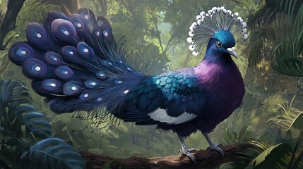 Fototapeta premium Vibrant Western Crowned Pigeon in lush jungle